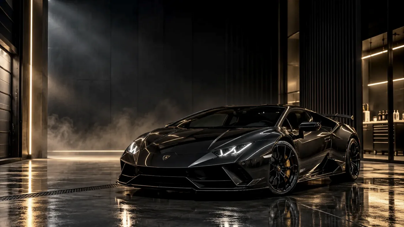 Black Lamborghini under studio lighting after premium car detailing in Singapore