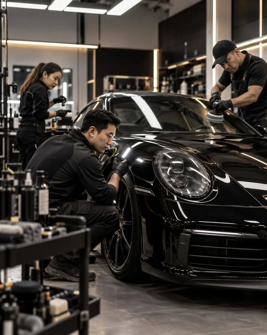 Car Armour detailing team machine polishing a black Porsche 911 before ceramic coating in Singapore