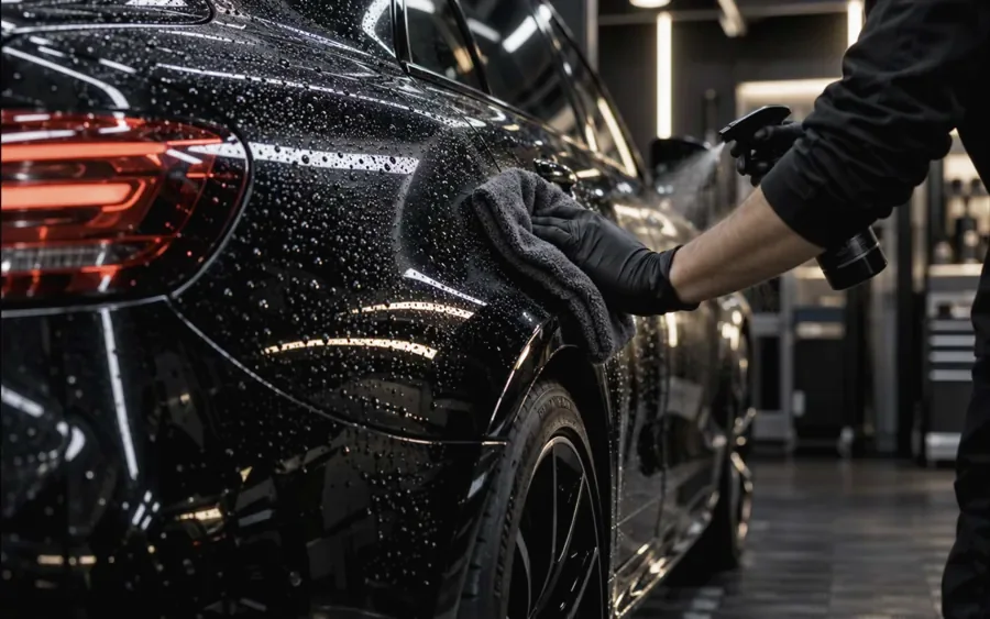 Coated black car beaded with water, wiped down with a microfibre and a top-up spray