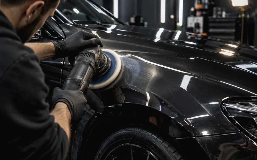 Machine polisher working the wing of a dark car before coating