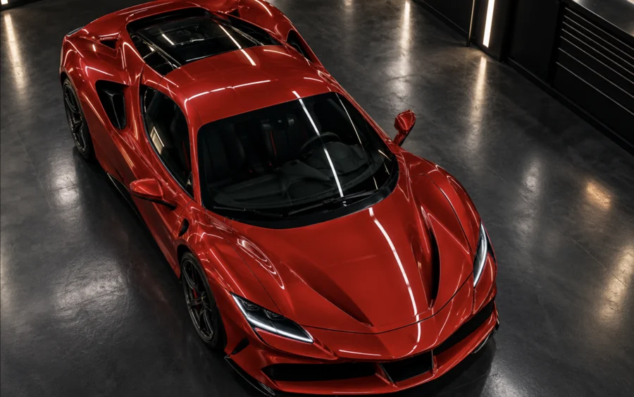 Red Ferrari seen from above with a mirror finish after ceramic coating in Singapore