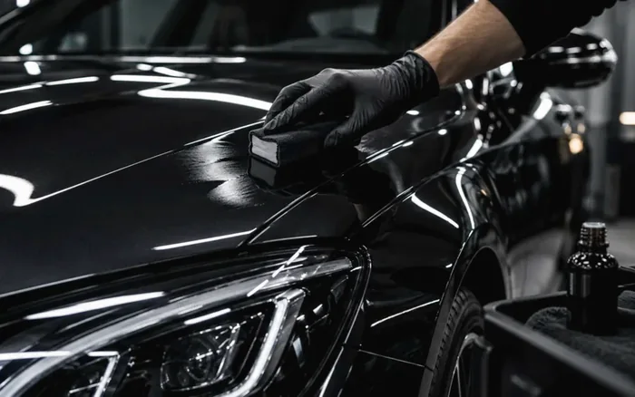 Applicator laying graphene coating onto the bonnet of a black Mercedes in Singapore