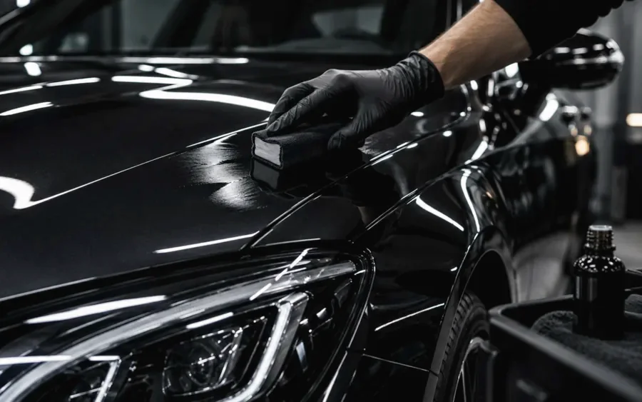 Applicator spreading a coating across the bonnet of a black car